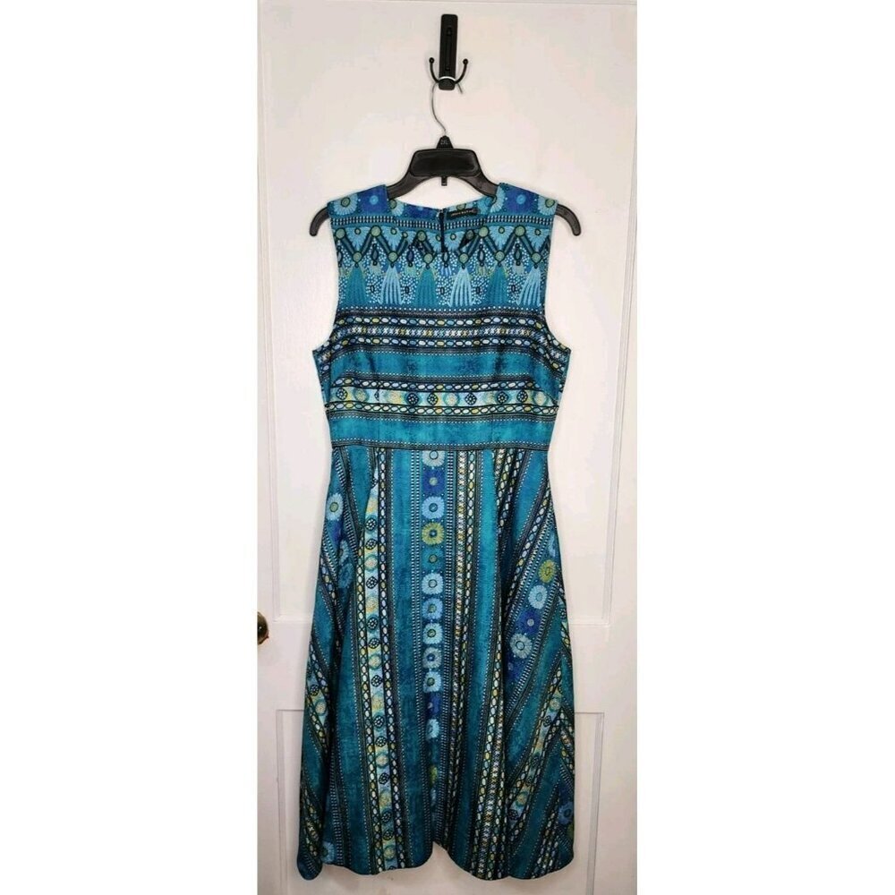 Josie Natori Size 10 Le Souk Jacquard Fit and Flare Dress Pockets Teal